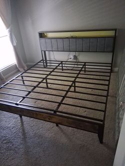 Metal Bed Frame with Upholstered Headboard