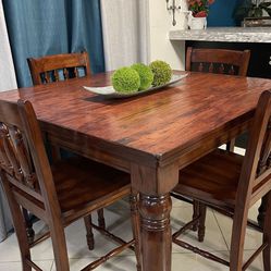 Solid Wood High Dining Table 48” X 48” And 36” High With 4 Chairs In Good Condition ( No Scratches And Very Sturdy) 
