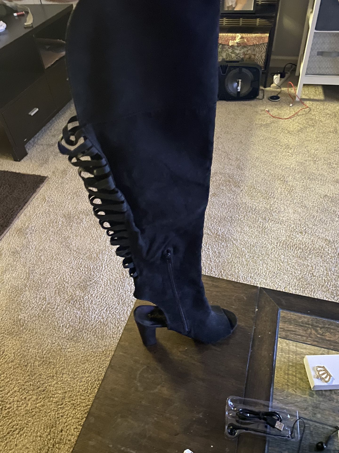 Black Thigh Peep Toe Boot