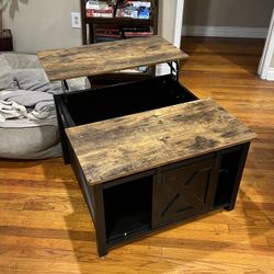 Farm House Style Square Coffee Table With Lift Top. Large Hidden Storage w/side Shelves-storage 