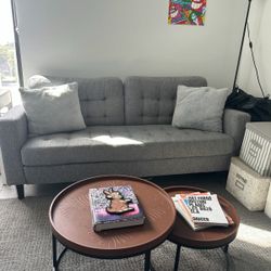 Stylish Grey Sofa + 2 Copper Tables + Area Rug