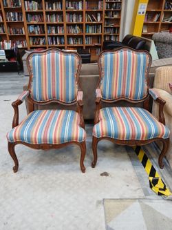 French Provincial Striped Upholstered Armchairs – Set of 2