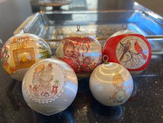 5 VTG 75,76,77,79 Hallmark- Betsey Clark satin ball ornaments