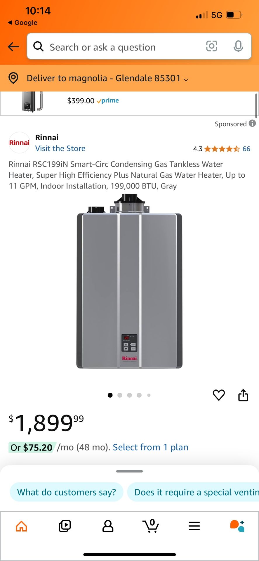 Rinnai RSC199iN Smart-Circ Condensing Gas Tankless Water Heater, Super High Efficiency Plus Natural Gas Water Heater, Up to 11 GPM, Indoor Installatio