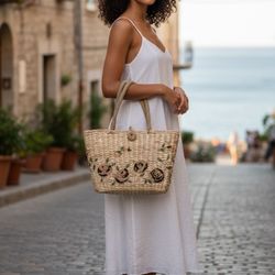 NEW Scala Straw Tote Bag Hand woven Embroiled Shoulder Purse NWOT