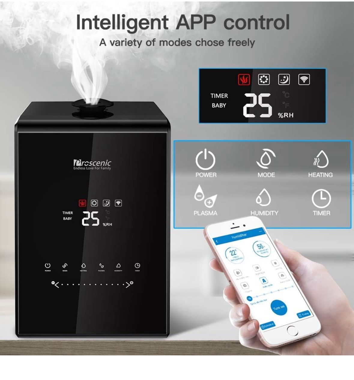 Proscenic 808C Smart Air Humidifier LED Display App Alexa Google Voice Control 5.3L Large Capacity Warm And Cool Mist Customized Humidity Levels Mist