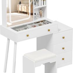 Upgraded Makeup Vanity with Lights Desk and Chair, Vanity Desk with Glass Top Mirror and 3 LED Light, White Vanity Table with Charging Station, 5 Draw