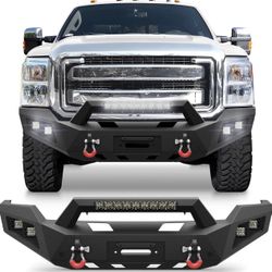 Pofenze Front Bumper For 2011-2016 Ford F250/ F350/F450 Full Width Offroad Bumper W/Winch Plate, 144W Light Bar, 4x18w Lights, D-Rings, License Plate 