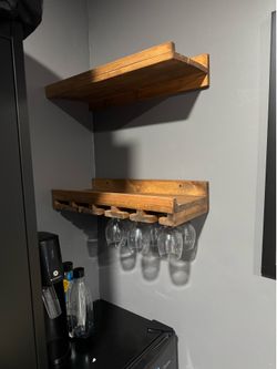 Wood Wine Rack And Shelf With Glass Goblets