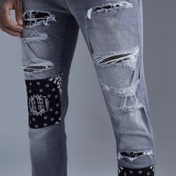 Skinny Stacked Rip And Repair Bandana Jeans 