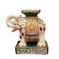 💕 Vintage Small Asian Ceramic Glazed White, Green, Multicolored ELEPHANT Statue, Plant Stand, Bookend. (New, Never Been Used) 💕