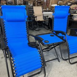 3 Pack Lounge Beach Chairs for Outside, Zero Gravity Camping Chairs with Side Table, Pillow and Tray, 330lbs Capacity, Blue