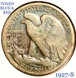 SCARCE KEY DATE 1927-S BLUE, GOLD, RED TONED SILVER WALKING LIBERTY HALF DOLLAR