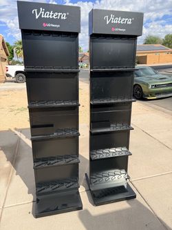 (2) Tall Black Metal Commercial Retail Stands Dimensions (LxWxH): 20” x 22” x 79”