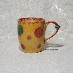 Handmade Hand Painted Italian Pottery Mug Colorful Polka Dot Coffee Cup Italy