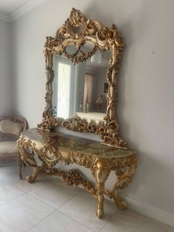Vintage Italian Rococo Console Table & Mirror Set with Onyx Marble Top