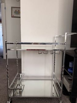 Silver Mirrored Glass Rolling Bar Cart with Wine Storage