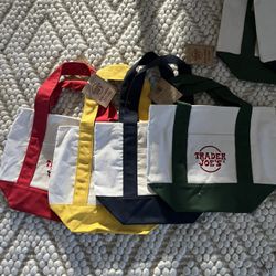 NEW TRADER JOE'S MINI CANVAS TOTE BAGS - SET OF 4 - BLUE GREEN YELLOW RED