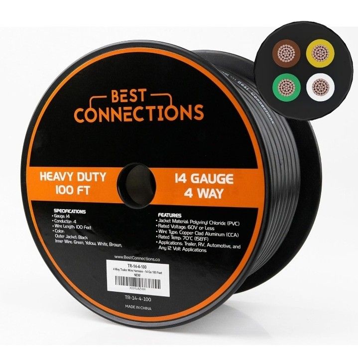 4 Way Trailer Wire (100 Feet) – Heavy Duty 14 Gauge 4 Conductor