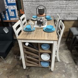 5 PCS DINING TABLE SET - COUNTER HIGH, ACACIA WOOD, WHITEWASH - [NEW]