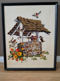 VINTAGE CREWEL ARTWORK BIRDS, WISHING WELL, FRAMED 60-70S