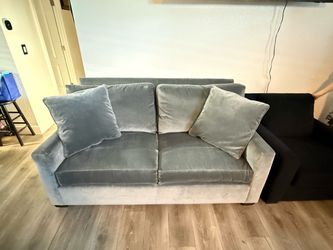 Light Blue Velvet Loveseat with Throw Pillows