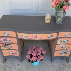 Large Oak Desk Floral With Matching Chair 