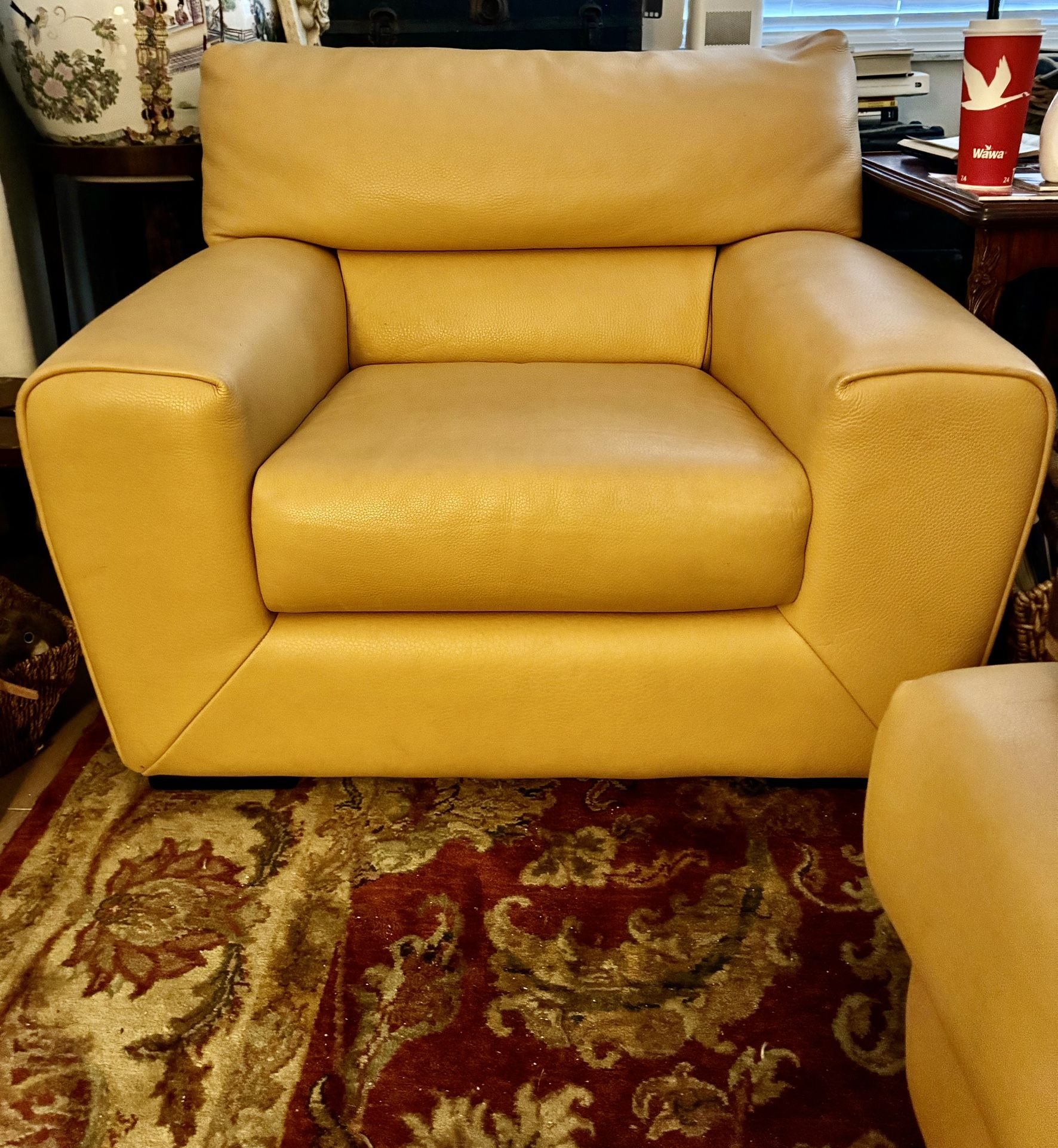 Roche BoBois Vintage High End Highly Collectible Thick Leather Sofa Chair & Ottoman Set