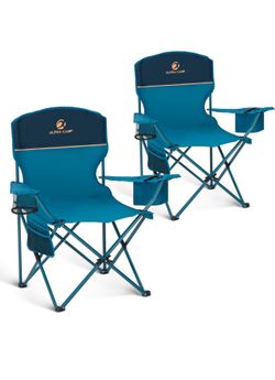 ALPHA CAMP 2-Pack Camping Chair with Cooler Bag, Heavy Duty 250lbs Capacity Folding Chair with Lumbar Support & Side Pocket, Portable Quad Chairs for 