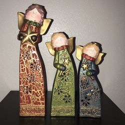 Christmas Angel Votive Holders Ceramic Tall Set Of Three Red Blue Green