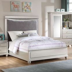 Brand New Platinum/Velvet Panel Bed with Sparkling Rhinestone Accent