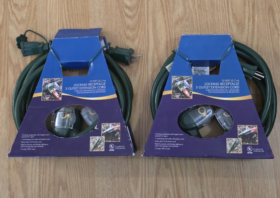 Lot of 2 NEW 12 Feet Locking Receptacle 3-Outlet Heavy Duty Extension Cord