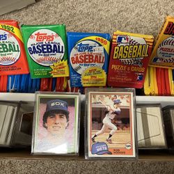 Box of Open 1980’s Baseball Card Packs + Loose Cards