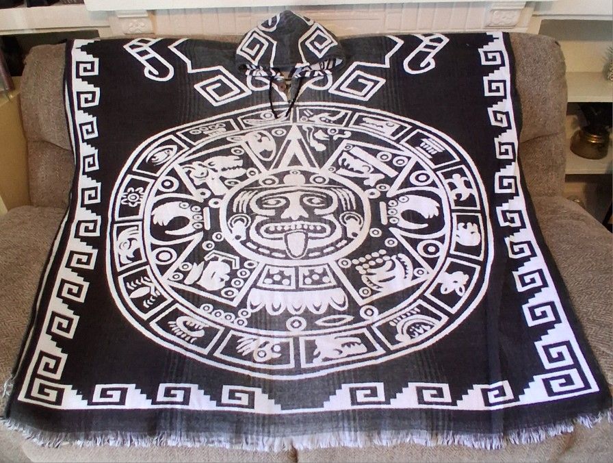CALENDAR AZTEC MEXICAN PONCHO WITH HOOD 