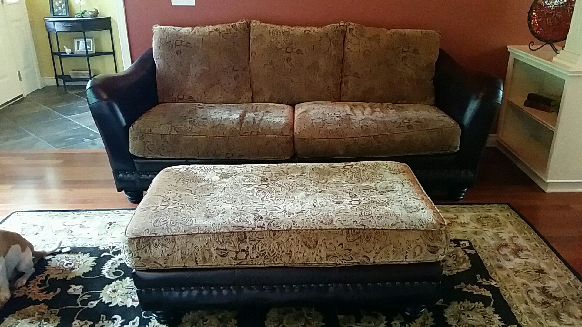 Costco Home 4 piece living room set: couch, ottoman, oversized chair, leather chair