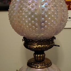 Fenton Glass Lamp Pink Hobnail Iridescent Opalescent Melon GWTW Hurricane Lamp