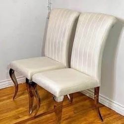 New Set Of 2 White Velvet Dining Chairs Rolled Back Silver Mirrored Stainless Steel Cabriole Legs