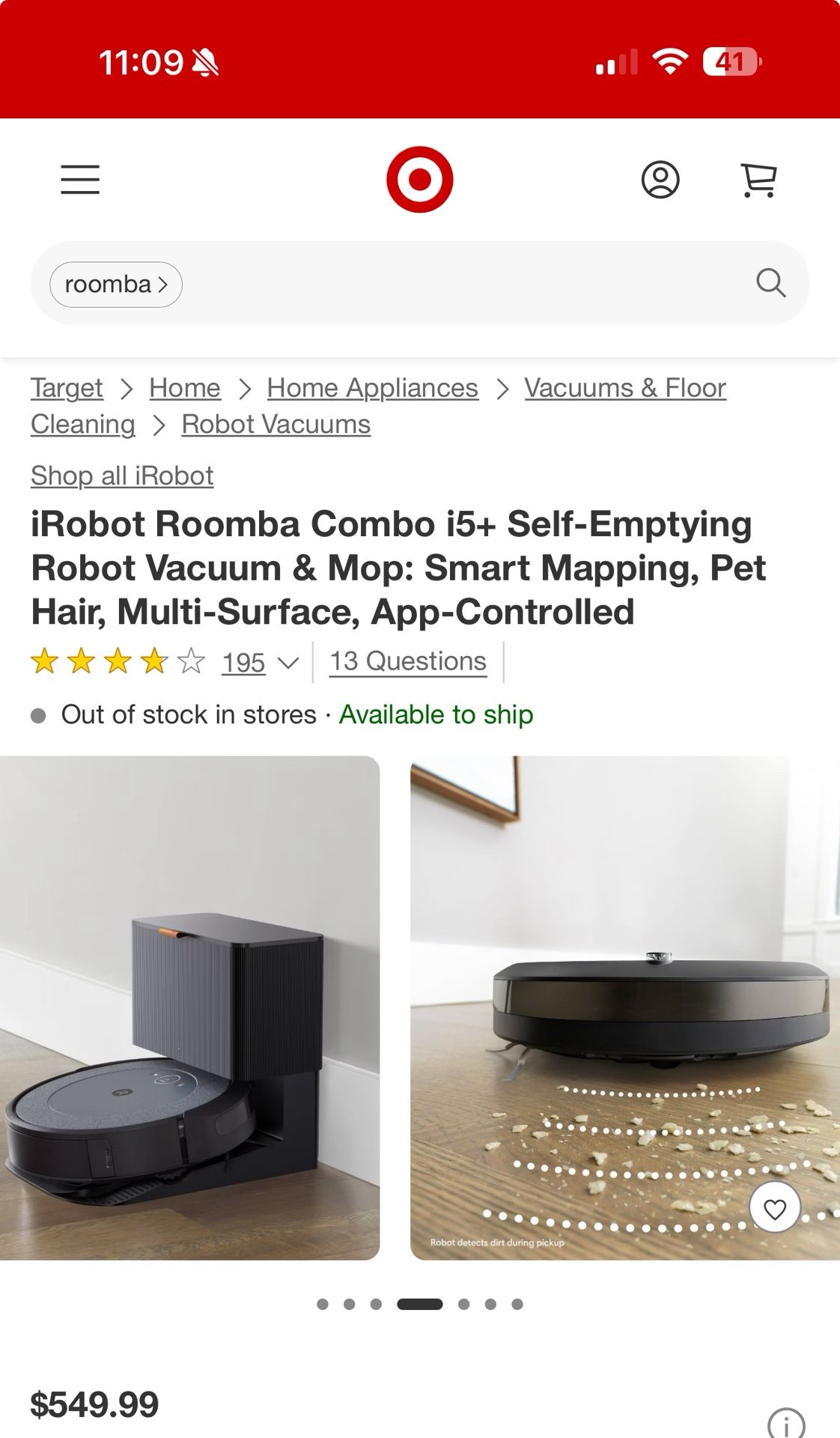 iRobot Roomba Combo i5+ Self-Emptying Robot Vacuum & Mop: Smart Mapping, Pet Hair, Multi-Surface, App-Controlled