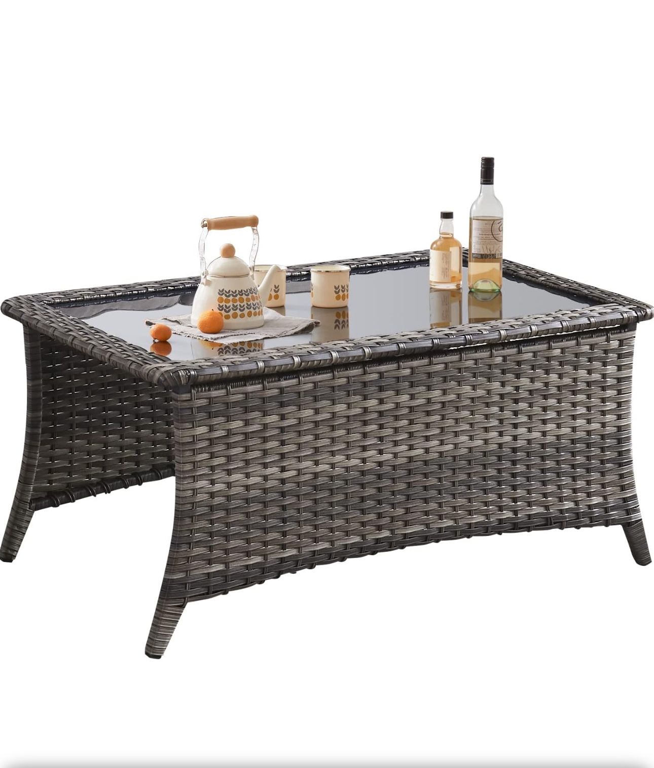 Patio Coffee Table Outdoor Rectangular Glass Table, Handwoven Rattan Patio Furniture Grey Wicker Coffee Table Compatible with Patio Chairs and Sofa Se