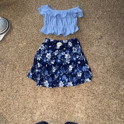 rare editions two-piece blue ruffled crop top and a floral tiered skirt size 7. Shirt is crop top 