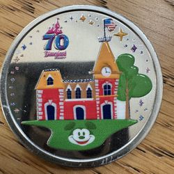 DISNEYLAND 70TH ANNIVERSARY SILVER TONE RAILROAD STATION COLOR MEDALLION COIN