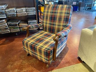 Plaid Rocking Chair with Carved Wood Arms