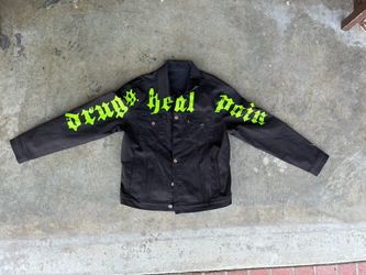 Golden Denim Jean jacket Sz Large Drugs heal pain