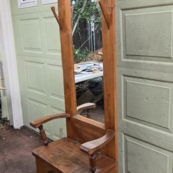 Antique Solid Wood Hall Tree with Mirror and Storage 