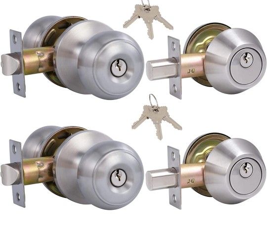 Lanwandeng (2 Sets) All Keyed Same Entry Door Knobs with Single Cylinder Deadbolt for Exterior Door Use, Satin Nickel Finish Door Entry Locks