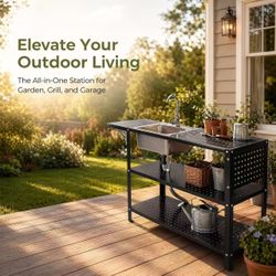 Outdoor stainless steel sink workstation with sink, foldable side table, and three-tier storage rack.