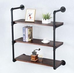 3 Tier Black Industrial Pipe Floating Shelving Wall Mounted 30in Rustic Metal Real Wood