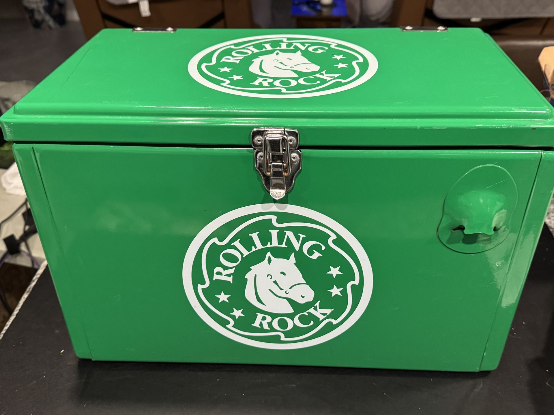 Rolling Rock Promotional Metal Cooler with Bottle Opener.