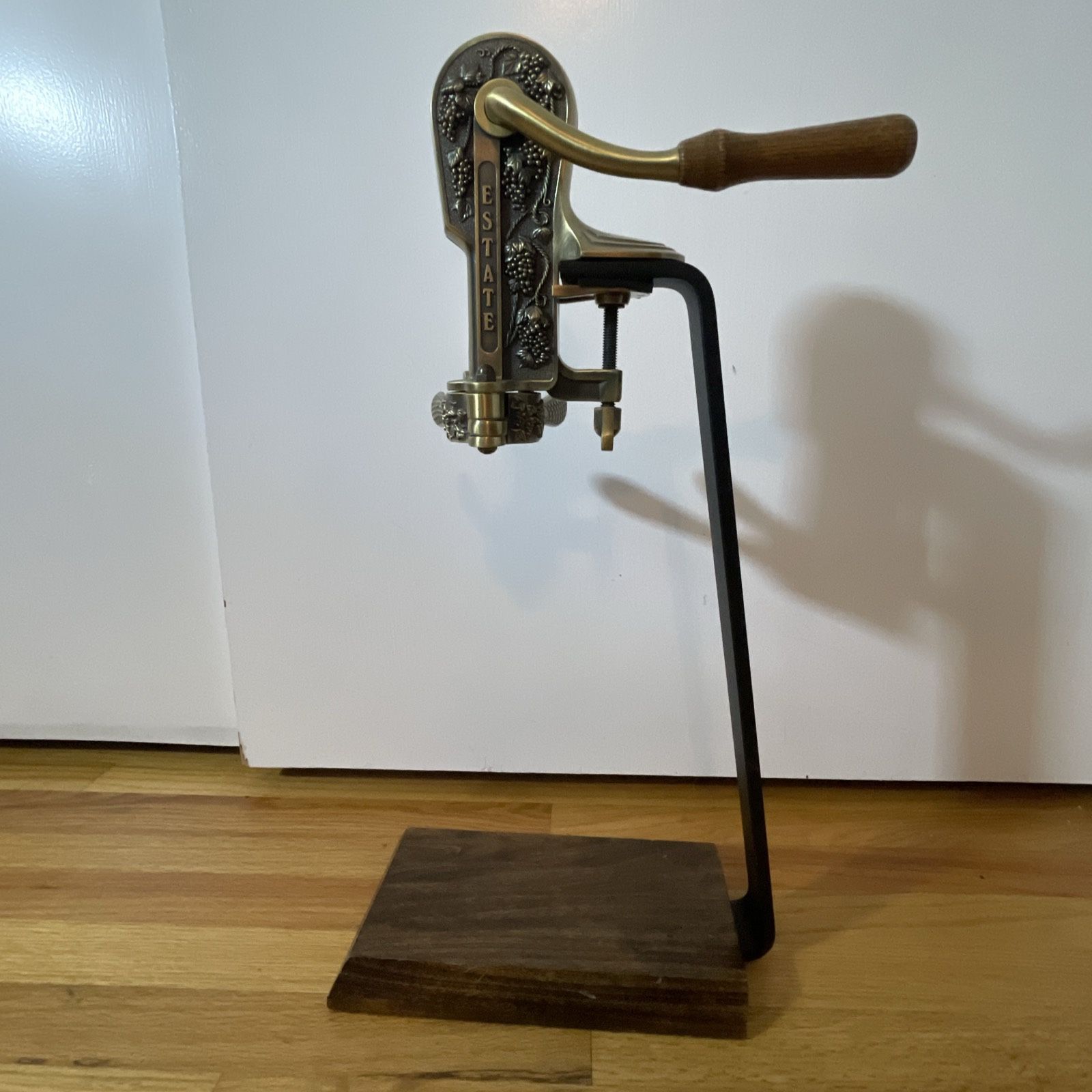 Vintage Rogar Estate Brass Wine Bottle Opener Ornate Brass Wood Stand Corkscrew