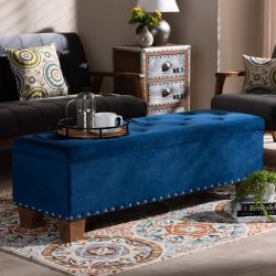 Modern and Contemporary Navy Blue Velvet Fabric Upholstered Button-Tufted Storage Ottoman Bench
